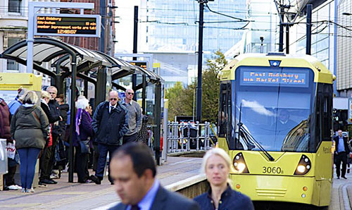 A image of a tram in Manchester Piccadilly