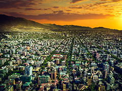 View of a town at sunset from above