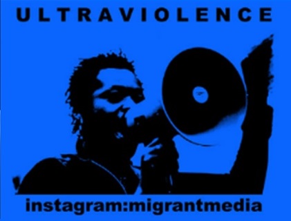 A man with a megaphone and text showing the Instagram handle @migrantmedia