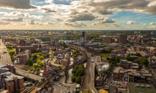 Cityscape over Manchester City Centre.