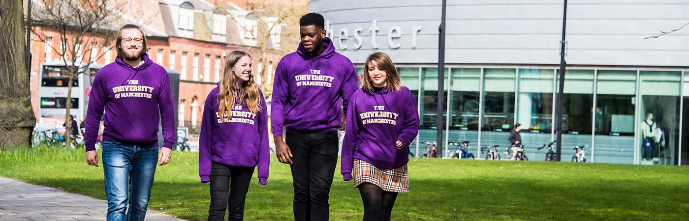 UoM students in hoodies on a walk