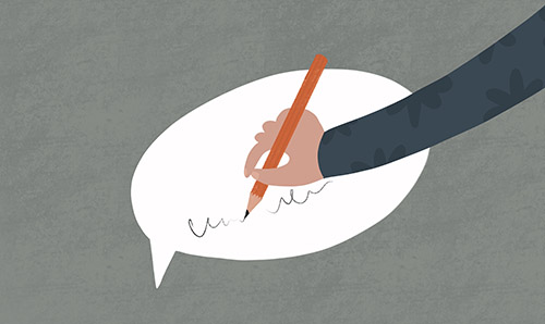 An illustrated hand writing in a speech bubble.