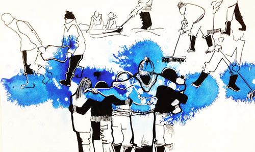Sketch of people helping to clear up after the floods