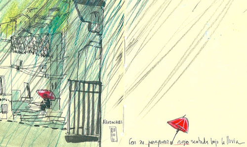Sketch of red umberella in the street