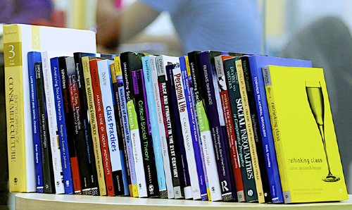 A row of books lined up on a shelf.