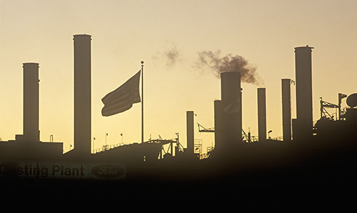 Factory chimneys at a car manufacturing plant